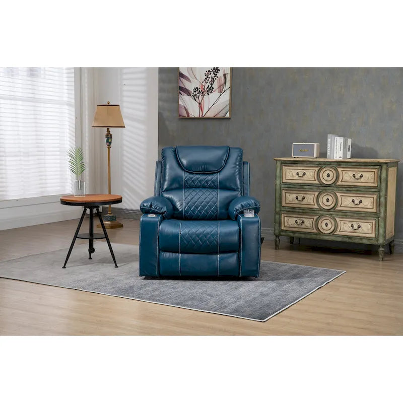 Fauteuil inclinable électrique surdimensionné en cuir PU bleu avec massage, fonction chauffante et position allongée, 1 place