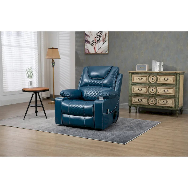 Fauteuil inclinable électrique surdimensionné en cuir PU bleu avec massage, fonction chauffante et position allongée, 1 place