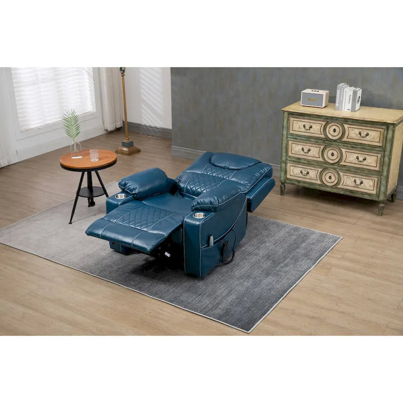 Fauteuil inclinable électrique surdimensionné en cuir PU bleu avec massage, fonction chauffante et position allongée, 1 place