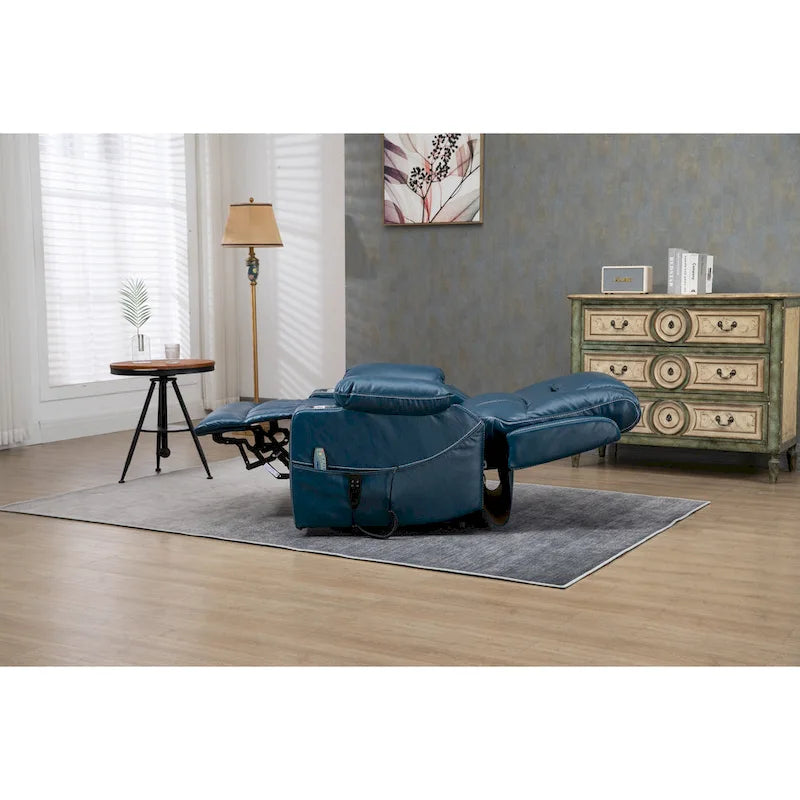 Fauteuil inclinable électrique surdimensionné en cuir PU bleu avec massage, fonction chauffante et position allongée, 1 place