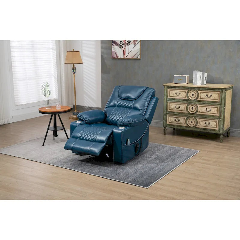 Fauteuil inclinable électrique surdimensionné en cuir PU bleu avec massage, fonction chauffante et position allongée, 1 place