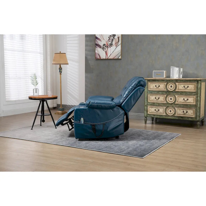 Fauteuil inclinable électrique surdimensionné en cuir PU bleu avec massage, fonction chauffante et position allongée, 1 place