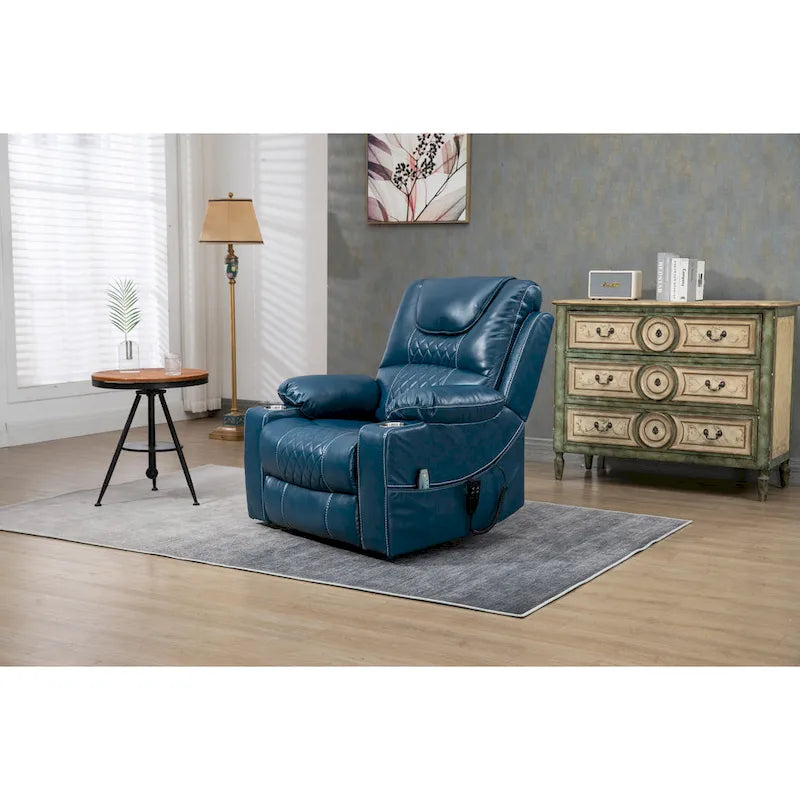 Fauteuil inclinable électrique surdimensionné en cuir PU bleu avec massage, fonction chauffante et position allongée, 1 place