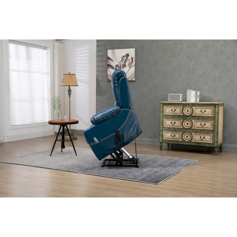 Fauteuil inclinable électrique surdimensionné en cuir PU bleu avec massage, fonction chauffante et position allongée, 1 place