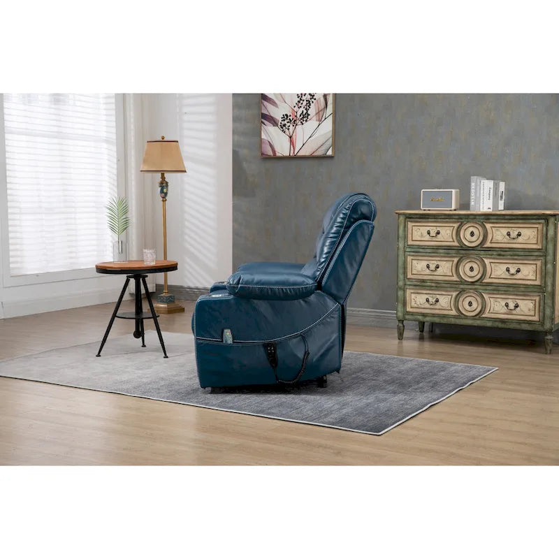 Fauteuil inclinable électrique surdimensionné en cuir PU bleu avec massage, fonction chauffante et position allongée, 1 place