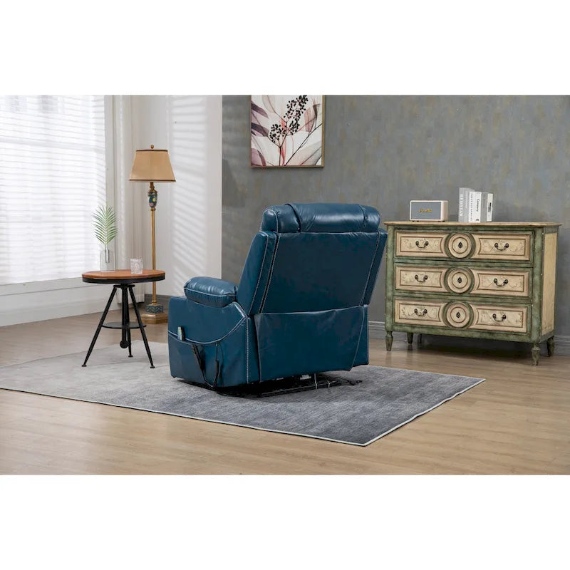 Fauteuil inclinable électrique surdimensionné en cuir PU bleu avec massage, fonction chauffante et position allongée, 1 place