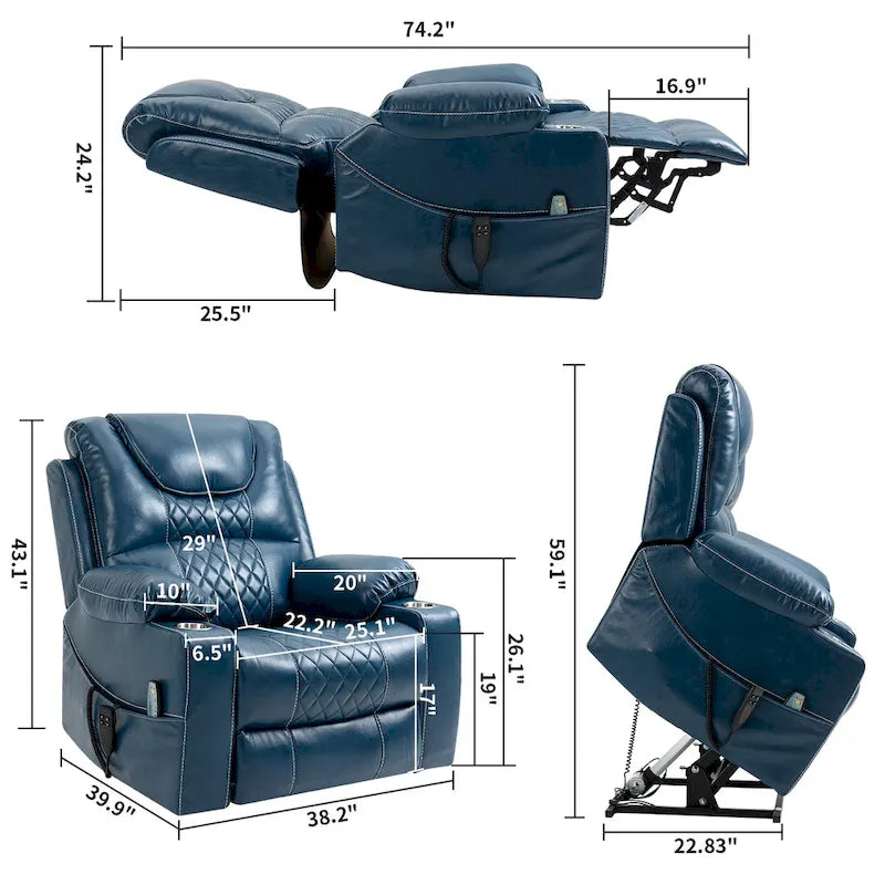 Fauteuil inclinable électrique surdimensionné en cuir PU bleu avec massage, fonction chauffante et position allongée, 1 place