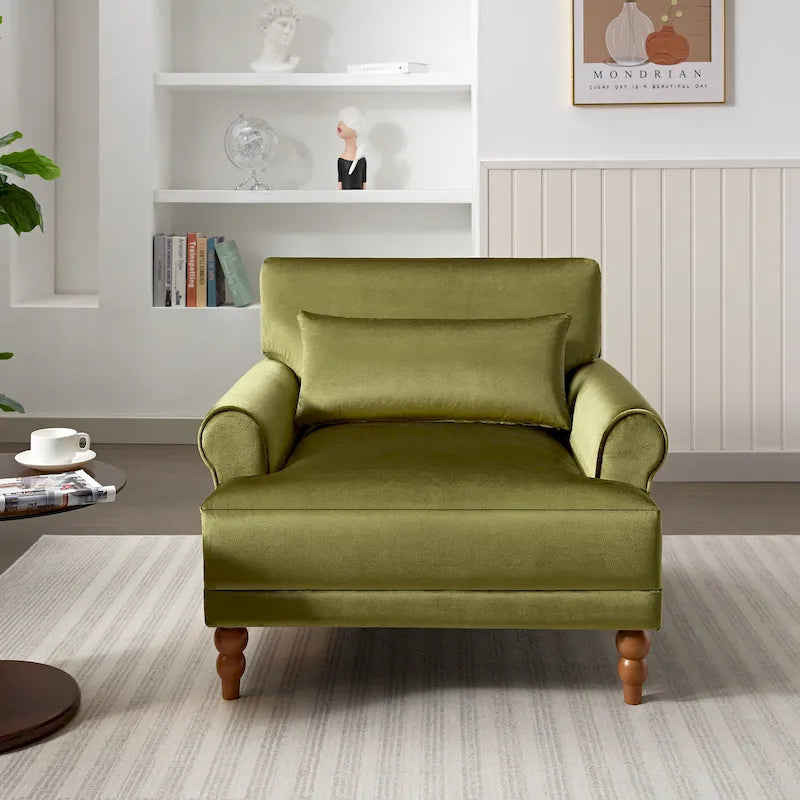 Fauteuil d'appoint en velours vert / blanc / beige avec accoudoirs circulaires et pieds colonne romaine, 1 place