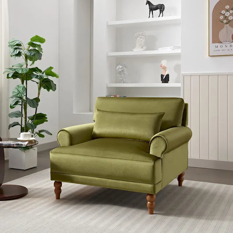 Fauteuil d'appoint en velours vert / blanc / beige avec accoudoirs circulaires et pieds colonne romaine, 1 place