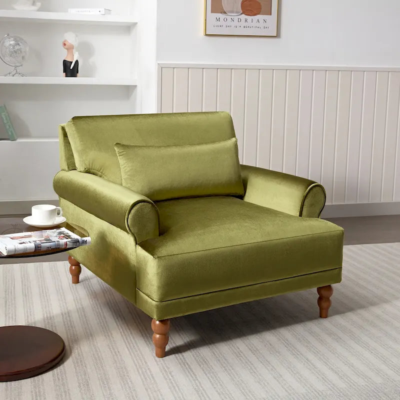 Fauteuil d'appoint en velours vert / blanc / beige avec accoudoirs circulaires et pieds colonne romaine, 1 place