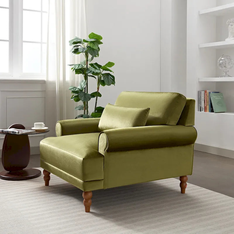 Fauteuil d'appoint en velours vert / blanc / beige avec accoudoirs circulaires et pieds colonne romaine, 1 place