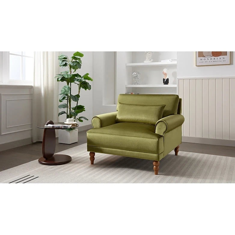 Fauteuil d'appoint en velours vert / blanc / beige avec accoudoirs circulaires et pieds colonne romaine, 1 place