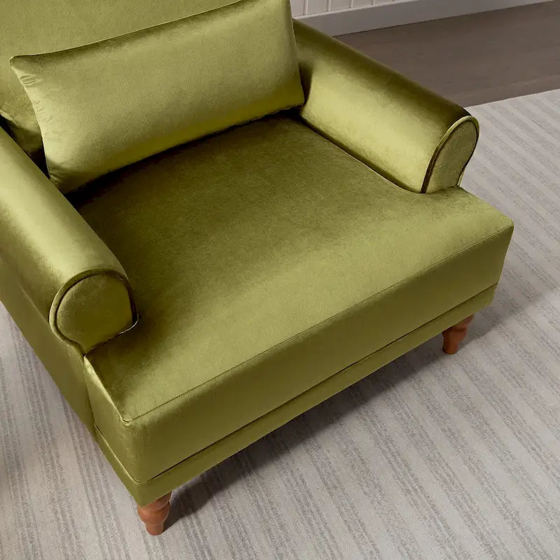 Fauteuil d'appoint en velours vert / blanc / beige avec accoudoirs circulaires et pieds colonne romaine, 1 place