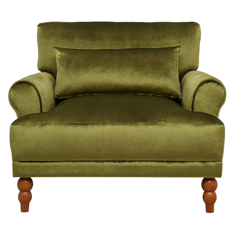 Fauteuil d'appoint en velours vert / blanc / beige avec accoudoirs circulaires et pieds colonne romaine, 1 place