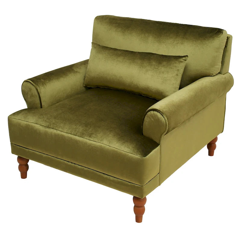 Fauteuil d'appoint en velours vert / blanc / beige avec accoudoirs circulaires et pieds colonne romaine, 1 place