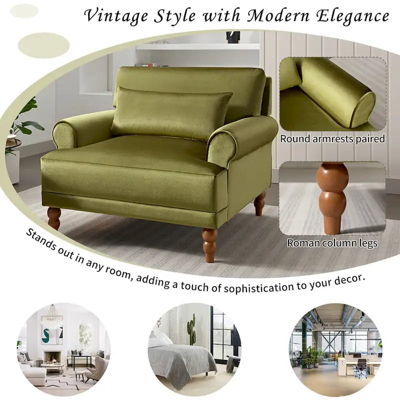 Fauteuil d'appoint en velours vert / blanc / beige avec accoudoirs circulaires et pieds colonne romaine, 1 place