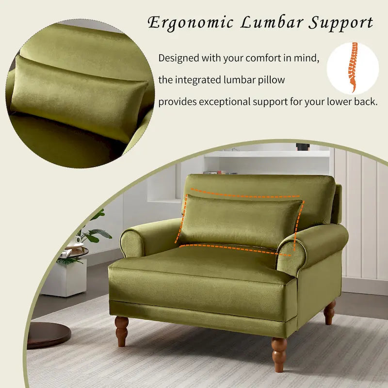 Fauteuil d'appoint en velours vert / blanc / beige avec accoudoirs circulaires et pieds colonne romaine, 1 place