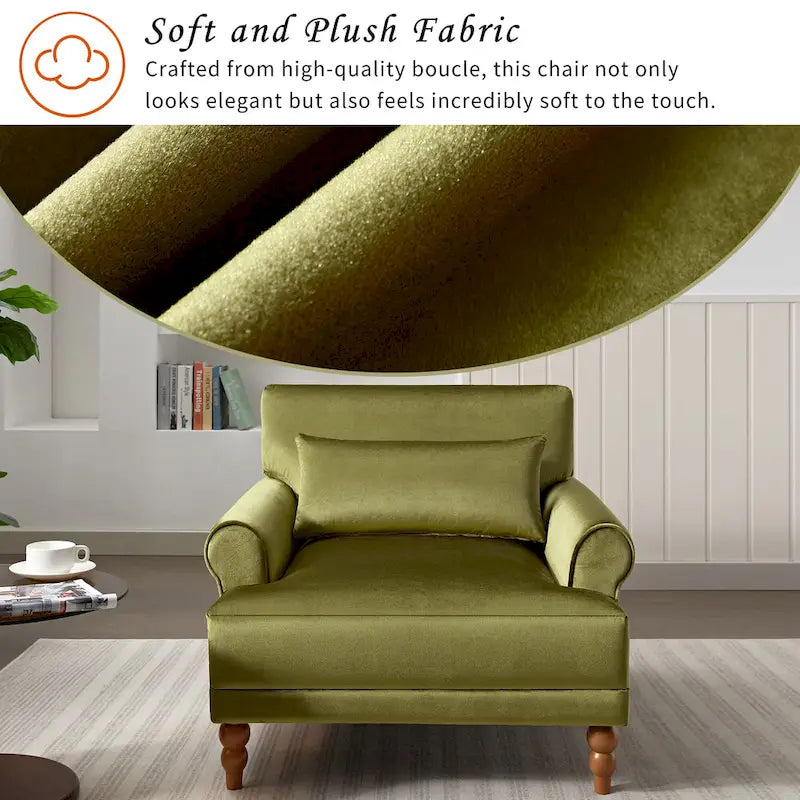 Fauteuil d'appoint en velours vert / blanc / beige avec accoudoirs circulaires et pieds colonne romaine, 1 place