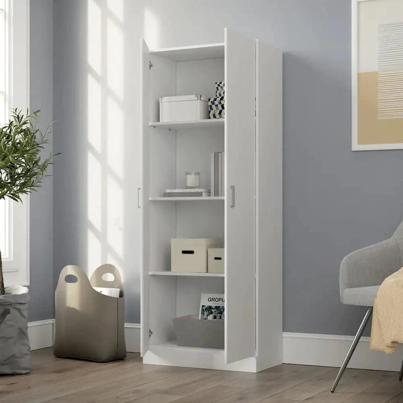 Armoire de rangement blanche à deux portes avec 3 étagères (dont 2 réglables), 152 cm de hauteur