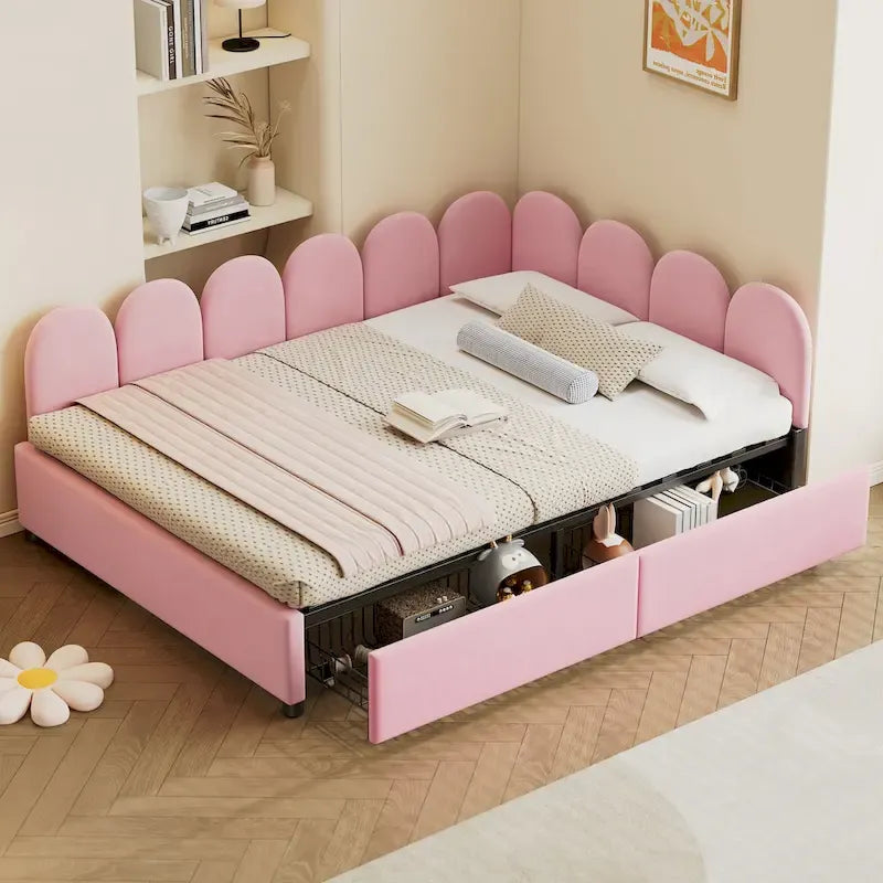 Lit de repos rembourré en velours rose, format double, avec tête de lit capitonnée et 2 tiroirs de rangement, 1 place