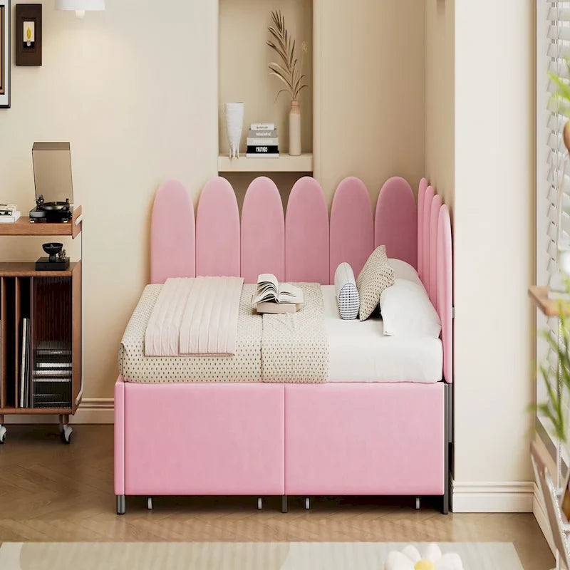 Lit de repos rembourré en velours rose, format double, avec tête de lit capitonnée et 2 tiroirs de rangement, 1 place