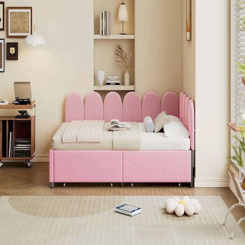 Lit de repos rembourré en velours rose, format double, avec tête de lit capitonnée et 2 tiroirs de rangement, 1 place