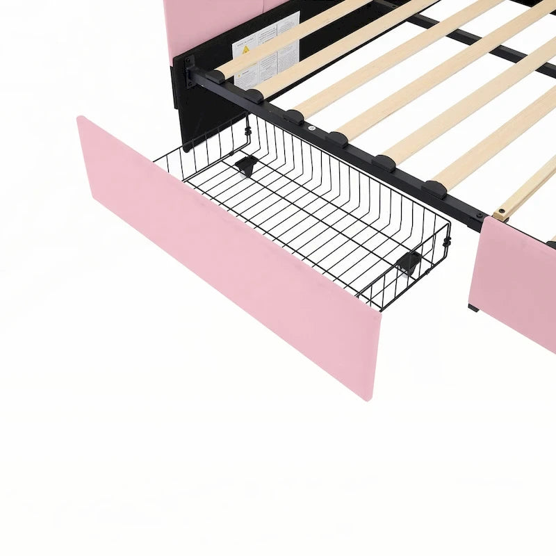 Lit de repos rembourré en velours rose, format double, avec tête de lit capitonnée et 2 tiroirs de rangement, 1 place