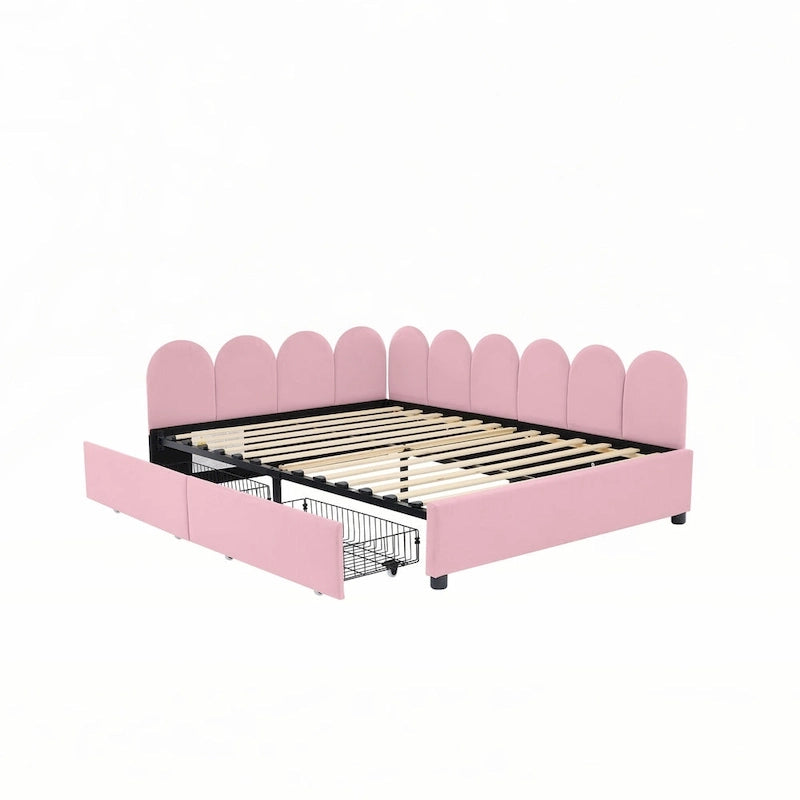 Lit de repos rembourré en velours rose, format double, avec tête de lit capitonnée et 2 tiroirs de rangement, 1 place