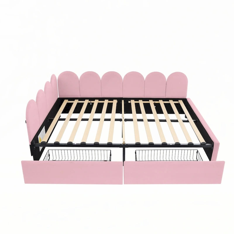 Lit de repos rembourré en velours rose, format double, avec tête de lit capitonnée et 2 tiroirs de rangement, 1 place