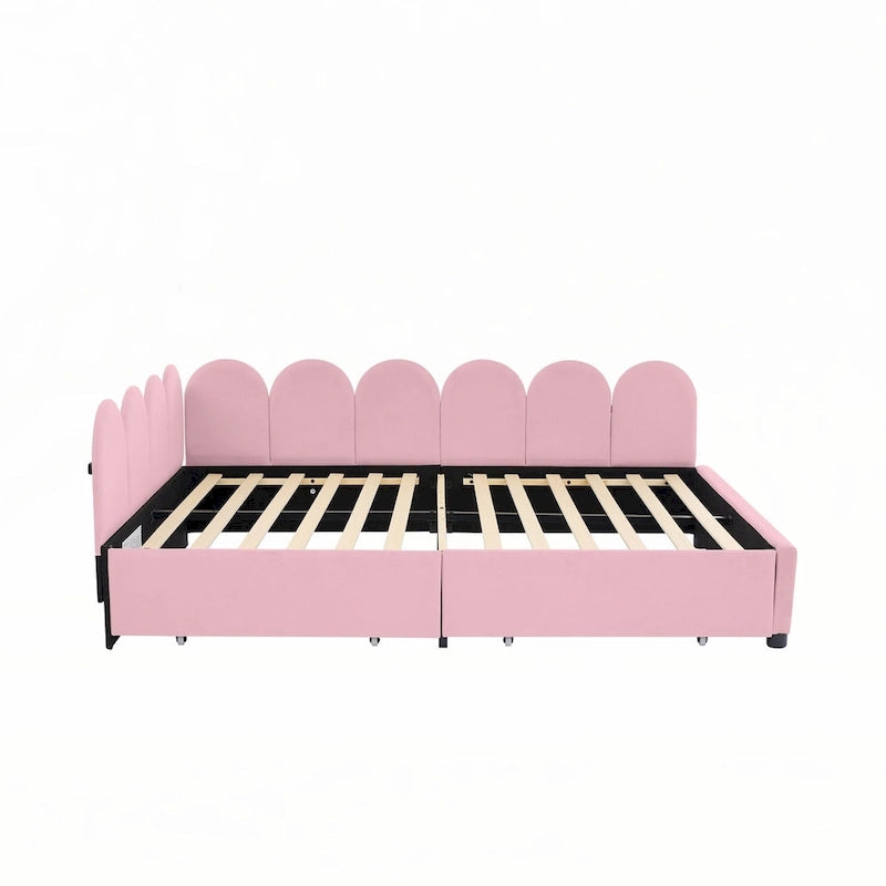 Lit de repos rembourré en velours rose, format double, avec tête de lit capitonnée et 2 tiroirs de rangement, 1 place