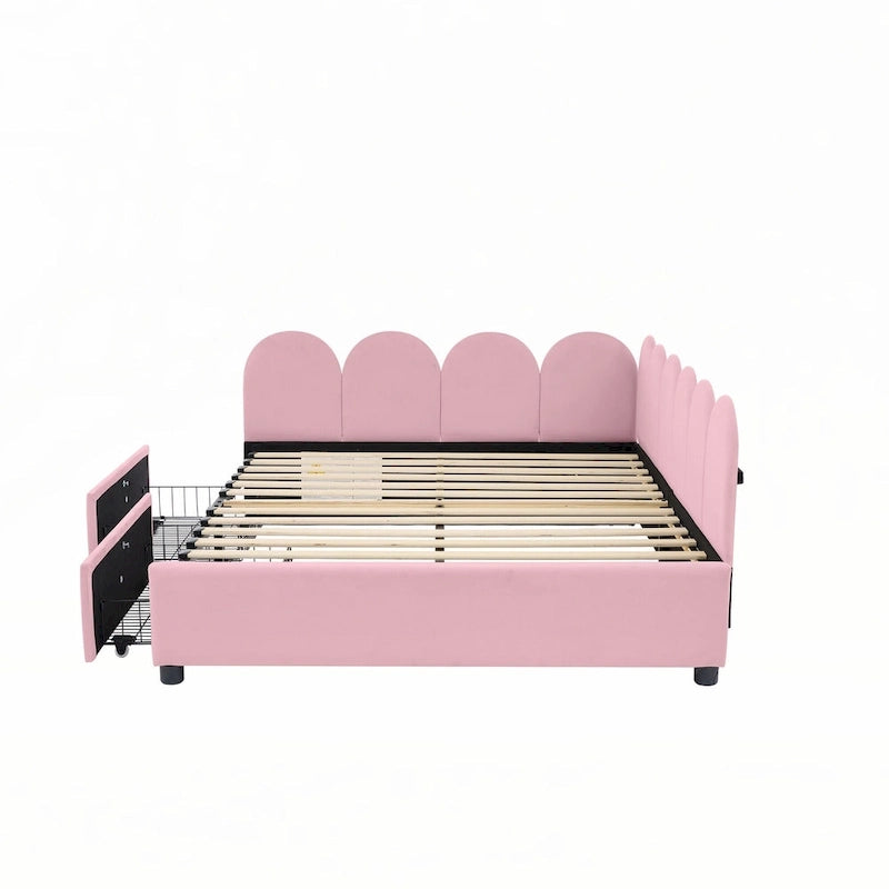 Lit de repos rembourré en velours rose, format double, avec tête de lit capitonnée et 2 tiroirs de rangement, 1 place