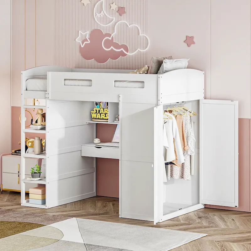 Lit mezzanine double blanc/gris avec bureau intégré, 2 armoires, 4 tiroirs et étagère à 4 niveaux, pour 1 personne