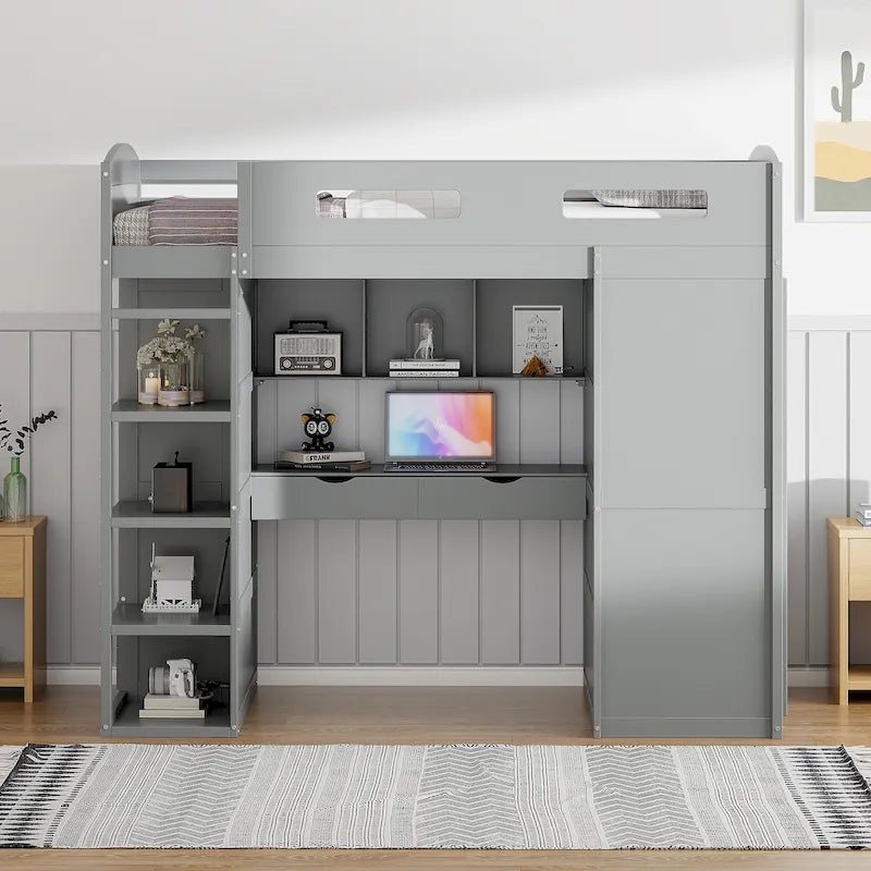 Lit mezzanine double blanc/gris avec bureau intégré, 2 armoires, 4 tiroirs et étagère à 4 niveaux, pour 1 personne