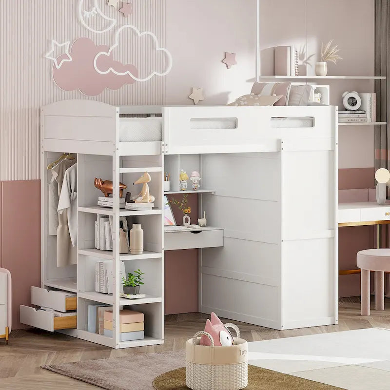 Lit mezzanine double blanc/gris avec bureau intégré, 2 armoires, 4 tiroirs et étagère à 4 niveaux, pour 1 personne