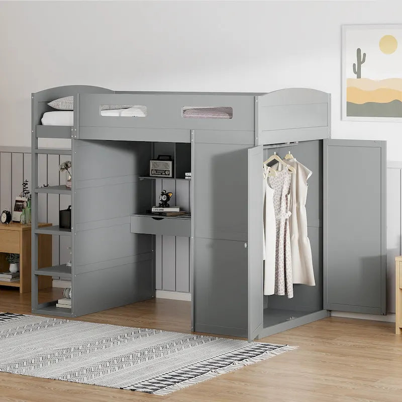 Lit mezzanine double blanc/gris avec bureau intégré, 2 armoires, 4 tiroirs et étagère à 4 niveaux, pour 1 personne