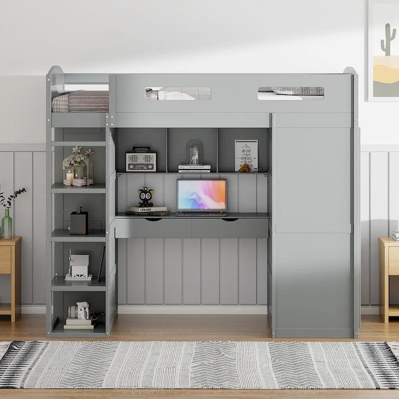 Lit mezzanine double blanc/gris avec bureau intégré, 2 armoires, 4 tiroirs et étagère à 4 niveaux, pour 1 personne