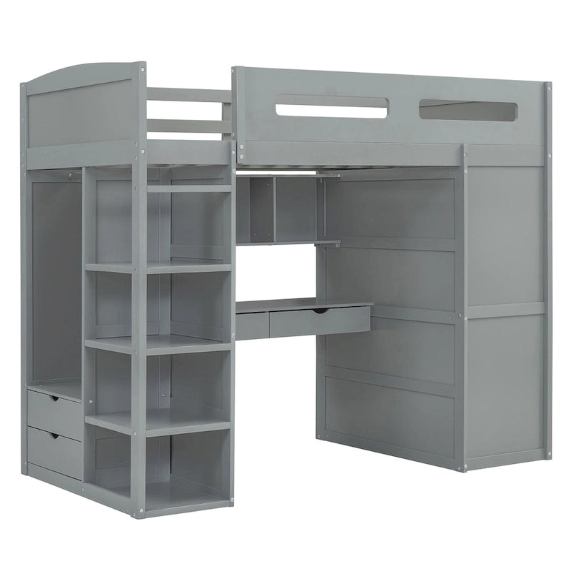Lit mezzanine double blanc/gris avec bureau intégré, 2 armoires, 4 tiroirs et étagère à 4 niveaux, pour 1 personne
