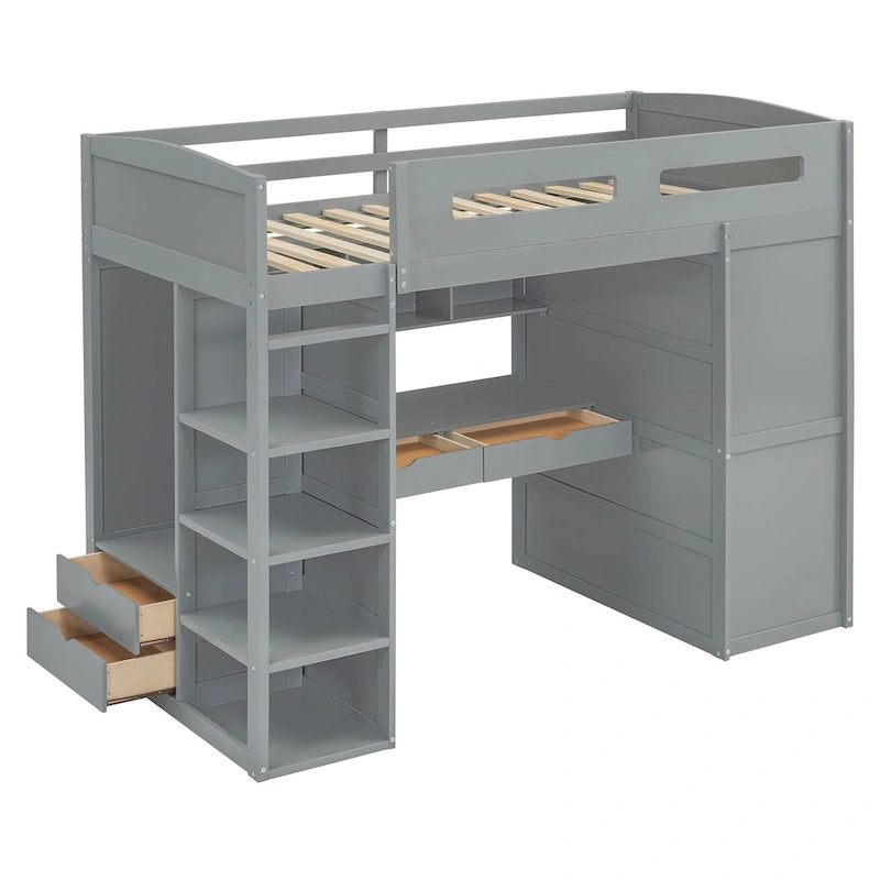 Lit mezzanine double blanc/gris avec bureau intégré, 2 armoires, 4 tiroirs et étagère à 4 niveaux, pour 1 personne