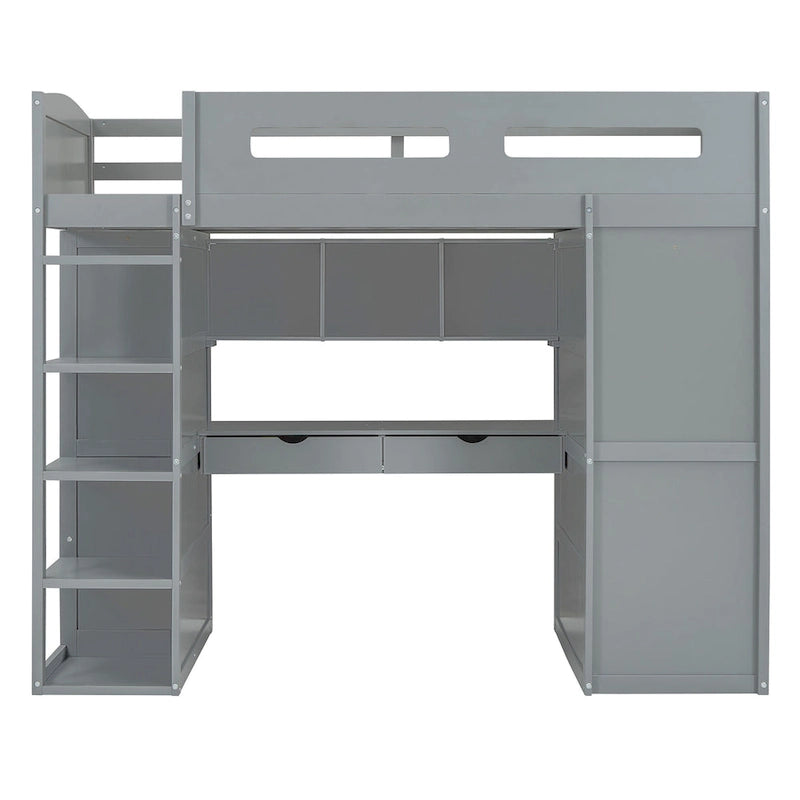 Lit mezzanine double blanc/gris avec bureau intégré, 2 armoires, 4 tiroirs et étagère à 4 niveaux, pour 1 personne