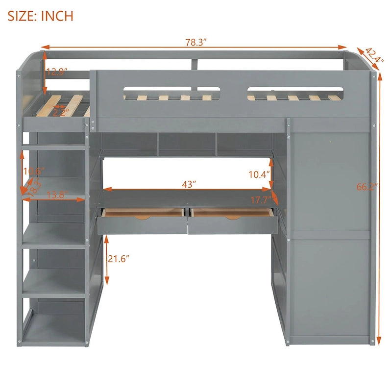 Lit mezzanine double blanc/gris avec bureau intégré, 2 armoires, 4 tiroirs et étagère à 4 niveaux, pour 1 personne