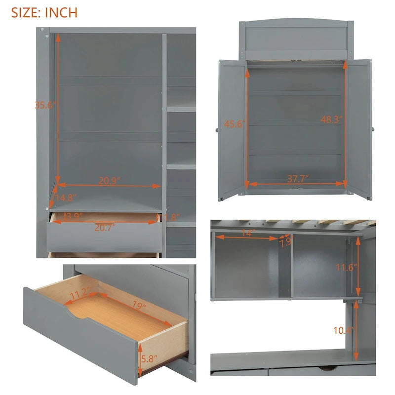 Lit mezzanine double blanc/gris avec bureau intégré, 2 armoires, 4 tiroirs et étagère à 4 niveaux, pour 1 personne