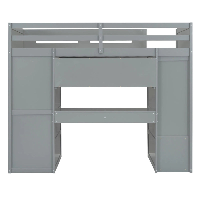 Lit mezzanine double blanc/gris avec bureau intégré, 2 armoires, 4 tiroirs et étagère à 4 niveaux, pour 1 personne
