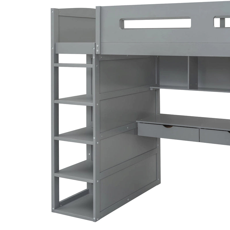 Lit mezzanine double blanc/gris avec bureau intégré, 2 armoires, 4 tiroirs et étagère à 4 niveaux, pour 1 personne