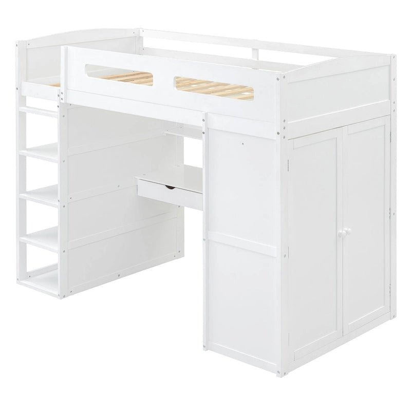 Lit mezzanine double blanc/gris avec bureau intégré, 2 armoires, 4 tiroirs et étagère à 4 niveaux, pour 1 personne