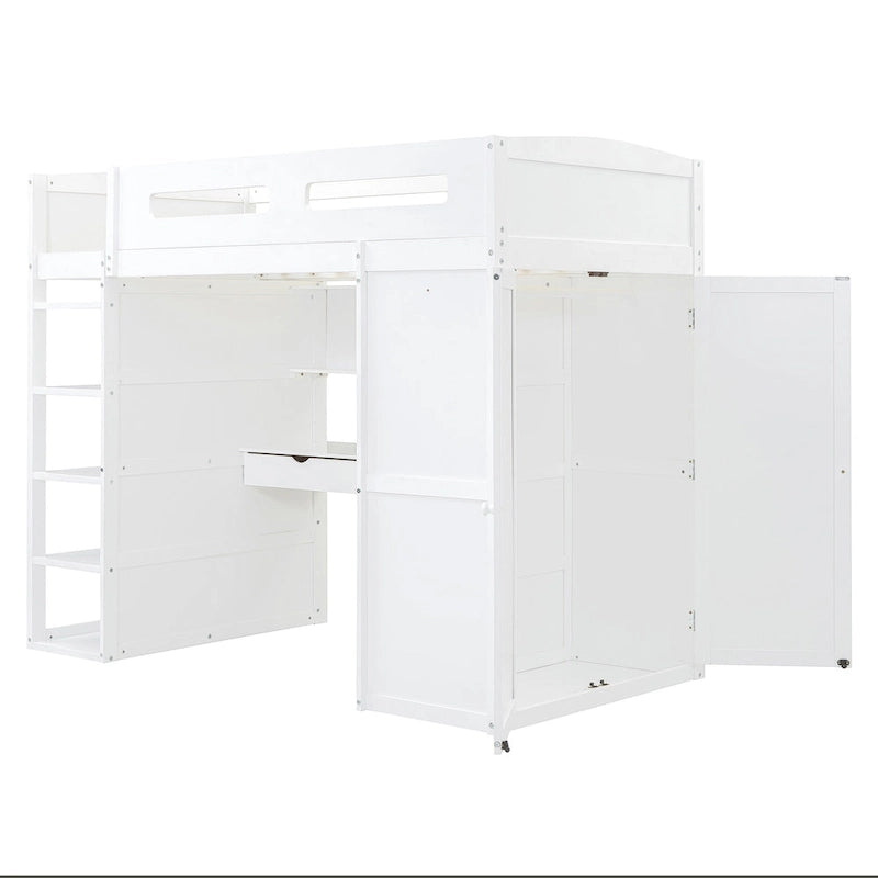 Lit mezzanine double blanc/gris avec bureau intégré, 2 armoires, 4 tiroirs et étagère à 4 niveaux, pour 1 personne