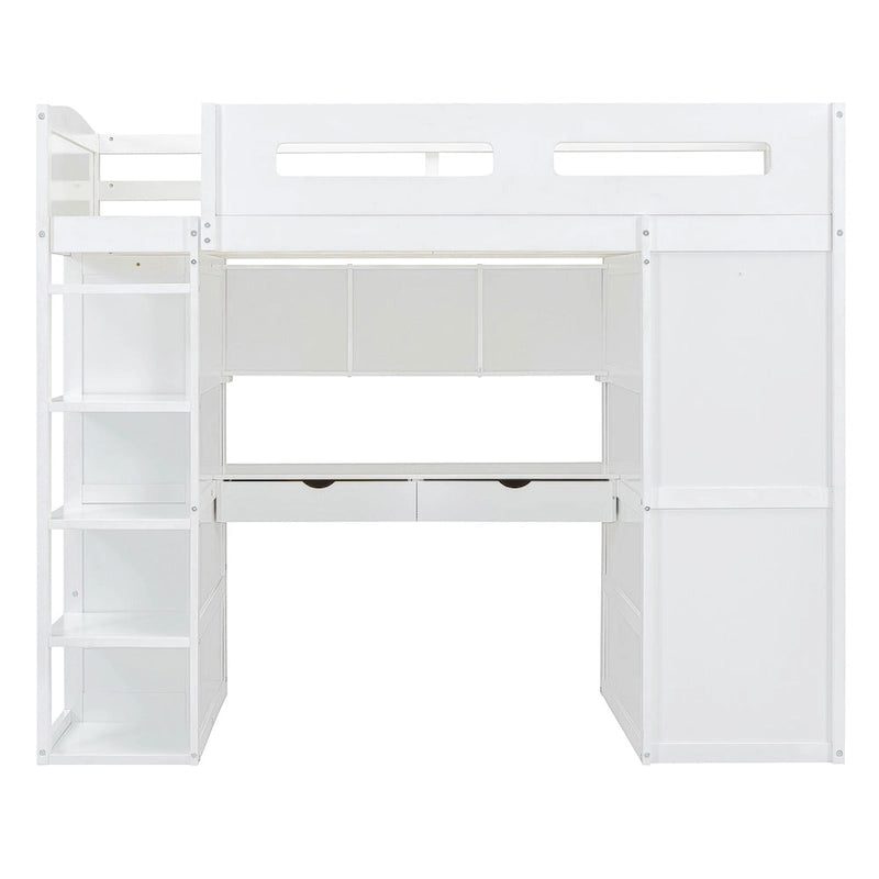 Lit mezzanine double blanc/gris avec bureau intégré, 2 armoires, 4 tiroirs et étagère à 4 niveaux, pour 1 personne