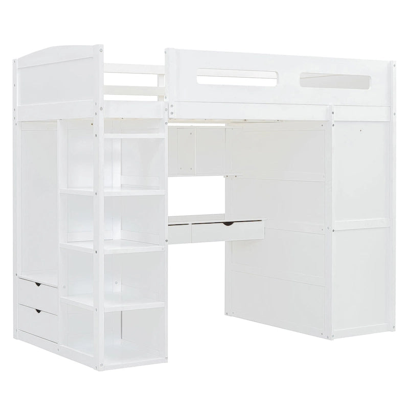 Lit mezzanine double blanc/gris avec bureau intégré, 2 armoires, 4 tiroirs et étagère à 4 niveaux, pour 1 personne