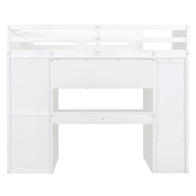 Lit mezzanine double blanc/gris avec bureau intégré, 2 armoires, 4 tiroirs et étagère à 4 niveaux, pour 1 personne