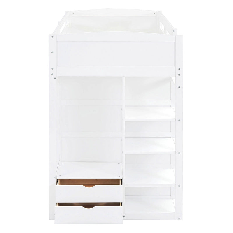 Lit mezzanine double blanc/gris avec bureau intégré, 2 armoires, 4 tiroirs et étagère à 4 niveaux, pour 1 personne
