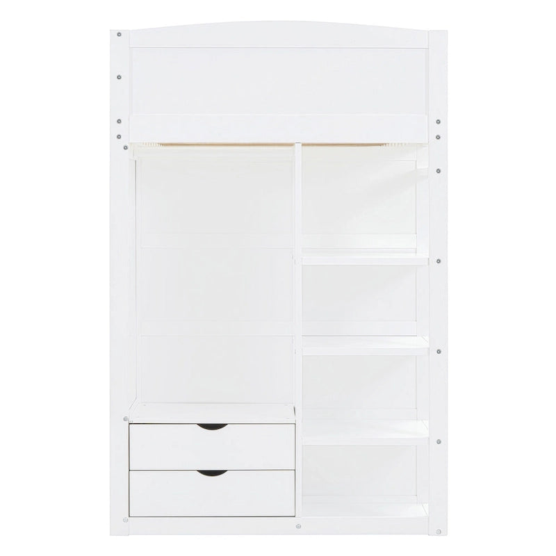 Lit mezzanine double blanc/gris avec bureau intégré, 2 armoires, 4 tiroirs et étagère à 4 niveaux, pour 1 personne